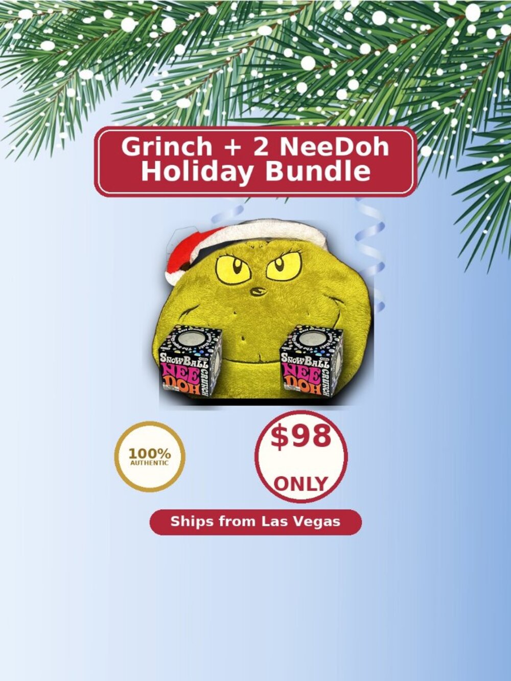 2 NeeDoh Snowball Crunch + 12-Inch NWT Grinch Pillow Holiday Bundle